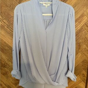Pleione Blue and White Wrap Blouse with 3/4 Sleeves